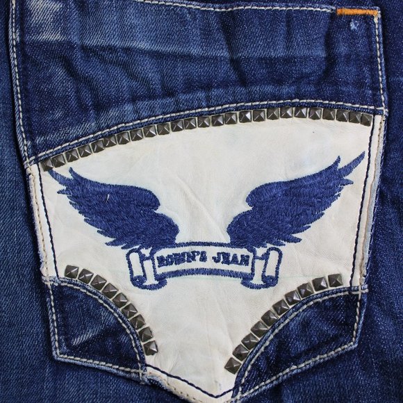 Robin’s Jean Torrent Wing Studded Pockets Vintage Dark Wash Straight, SZ 38/34 - Picture 5 of 9